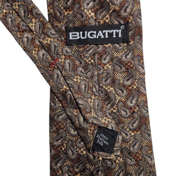 Bugatti 100% Silk Tie Brown Gold Paisley Pattern Made Korea 3.75" Wide Vintage - Picture 5 of 6